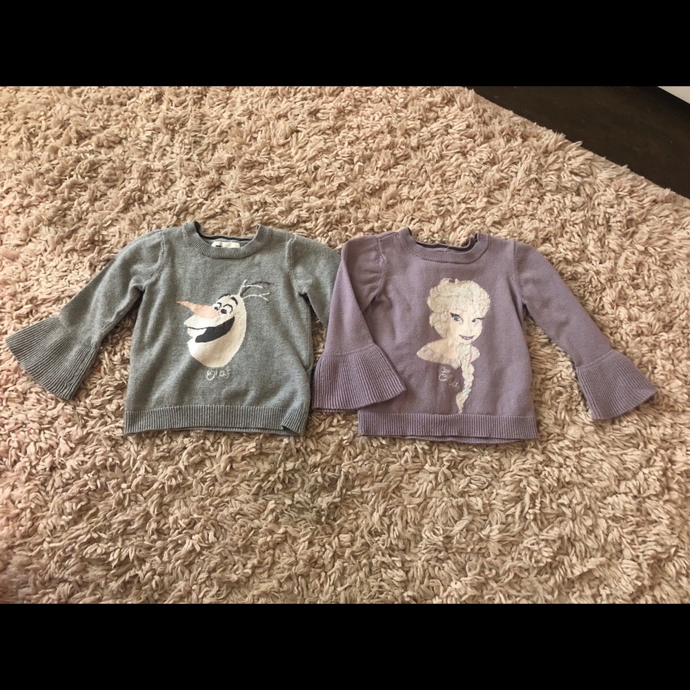 GAP Olaf and Elsa flutter sleeve sweaters. 2years
